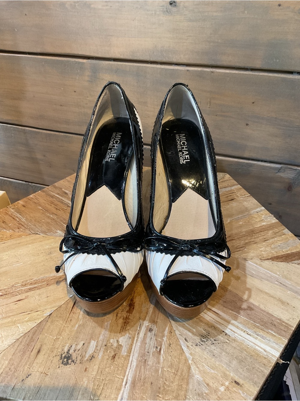 Michael Kors Black and White Peep-Toe Patent Trim Heels